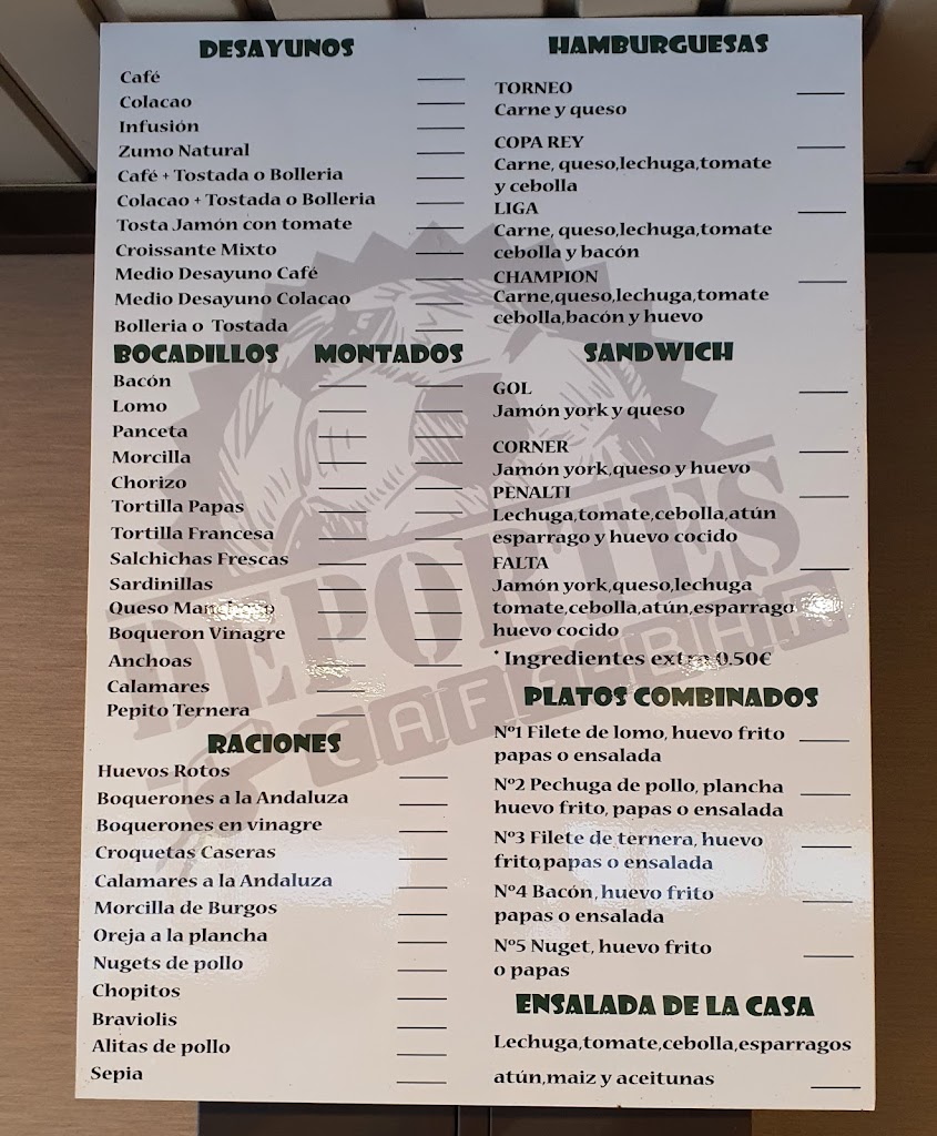 Cafeteria Bar Deportes — Carta