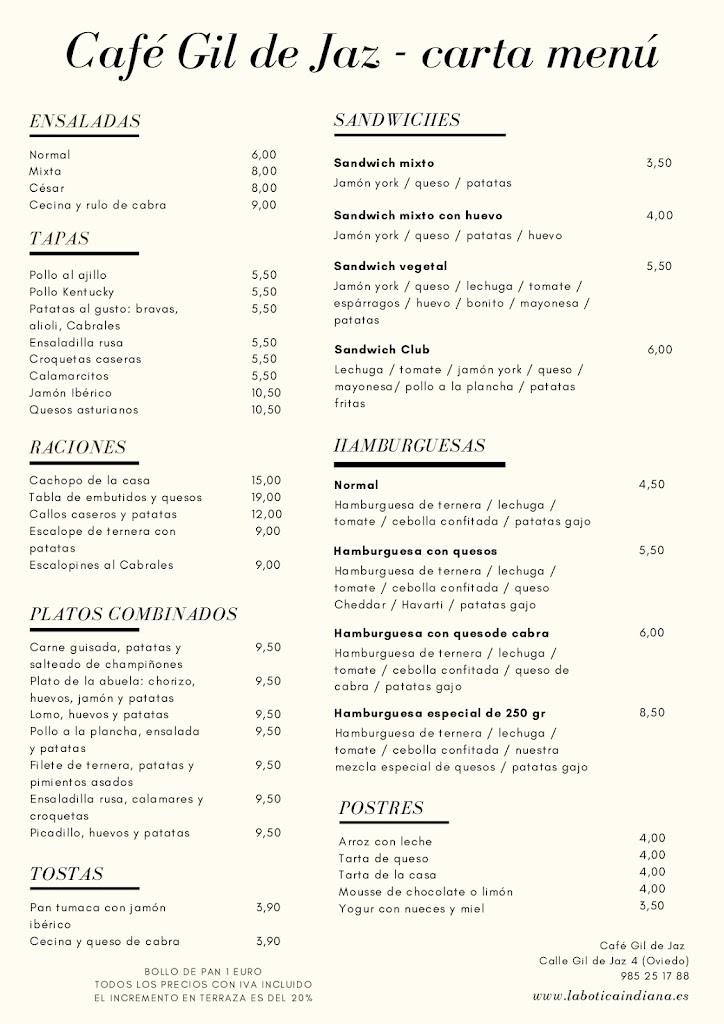 Cafe Gil de Jaz — Carta