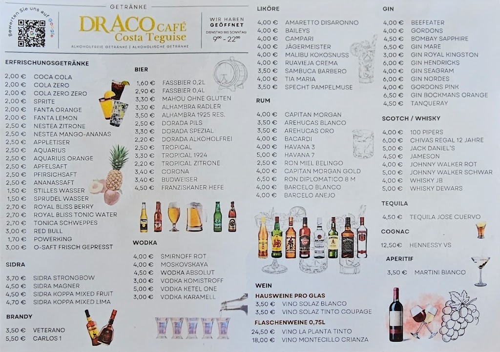Draco Cafe Costa Teguise — Carta