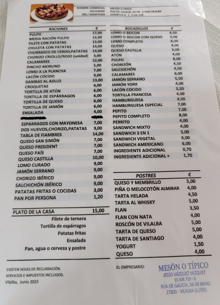 Meson Pulperia O Tipico — Carta