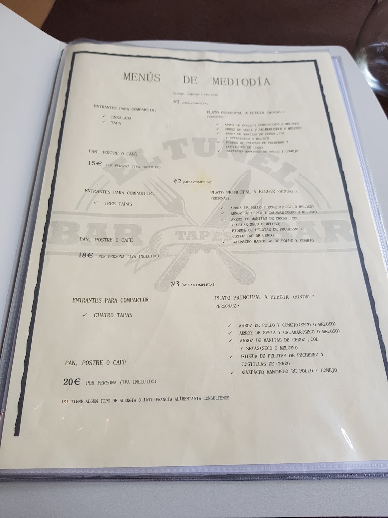 Restaurante El Tunel — Carta