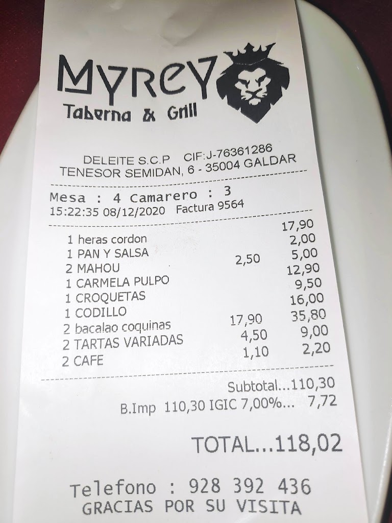 Myrey Taberna & Grill — Carta