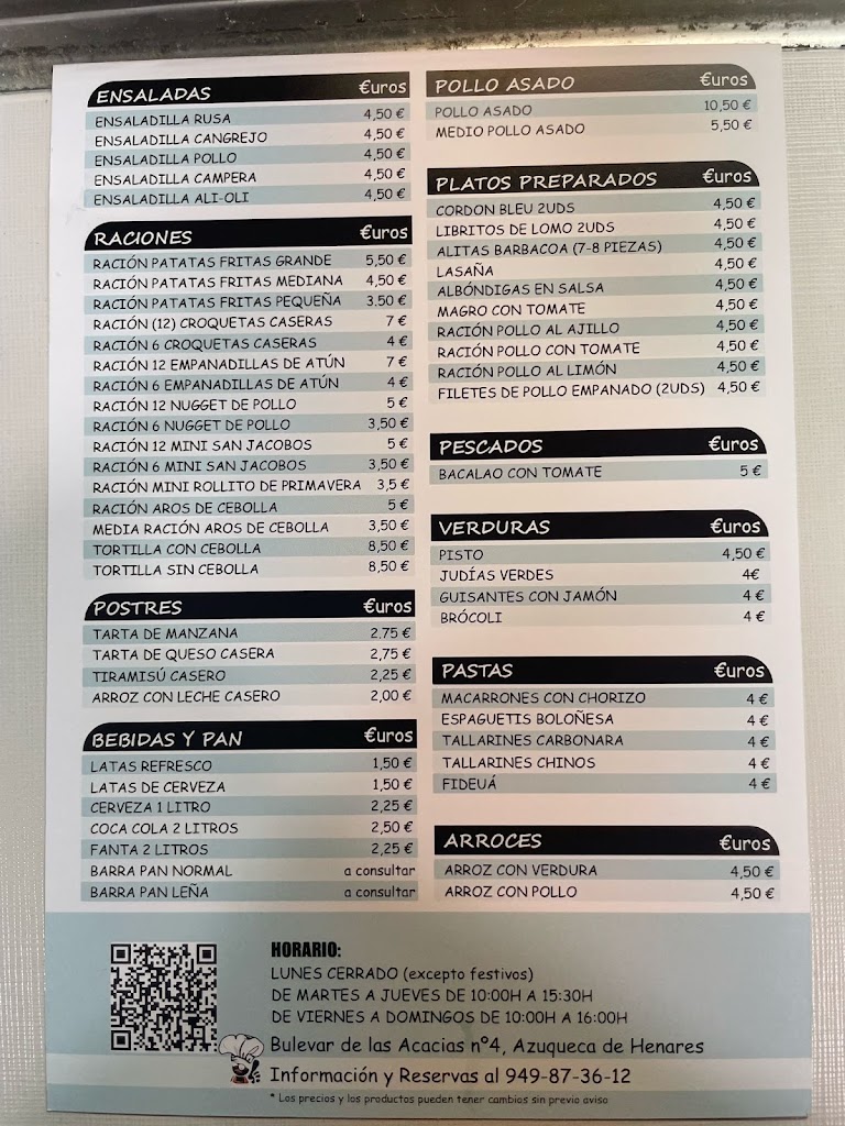 Asador de pollos Calimero y comidas preparadas — Carta