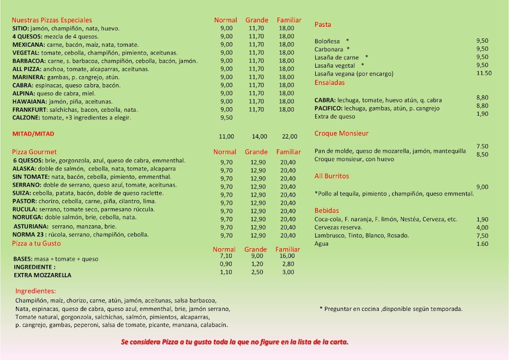 Restaurante All Pizza — Carta