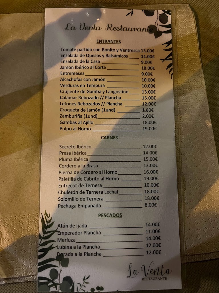 Restaurante Venta la Rata — Carta