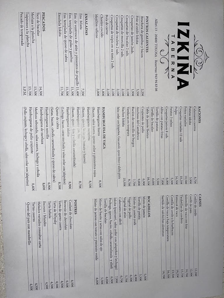 Izkina Taberna — Carta