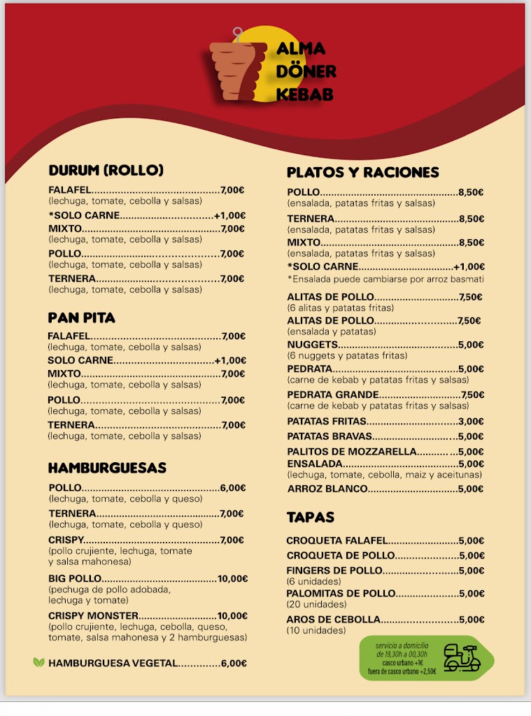 Alma Doner Kebab menorca — Carta
