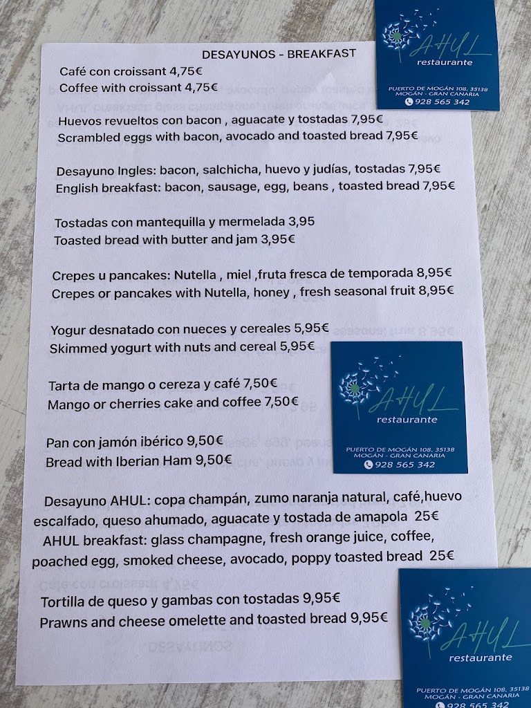 Ahul Restaurante — Carta