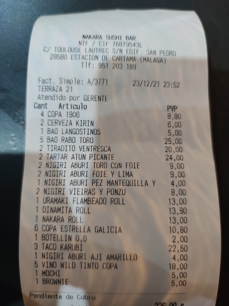 Nakara Sushi Bar — Carta