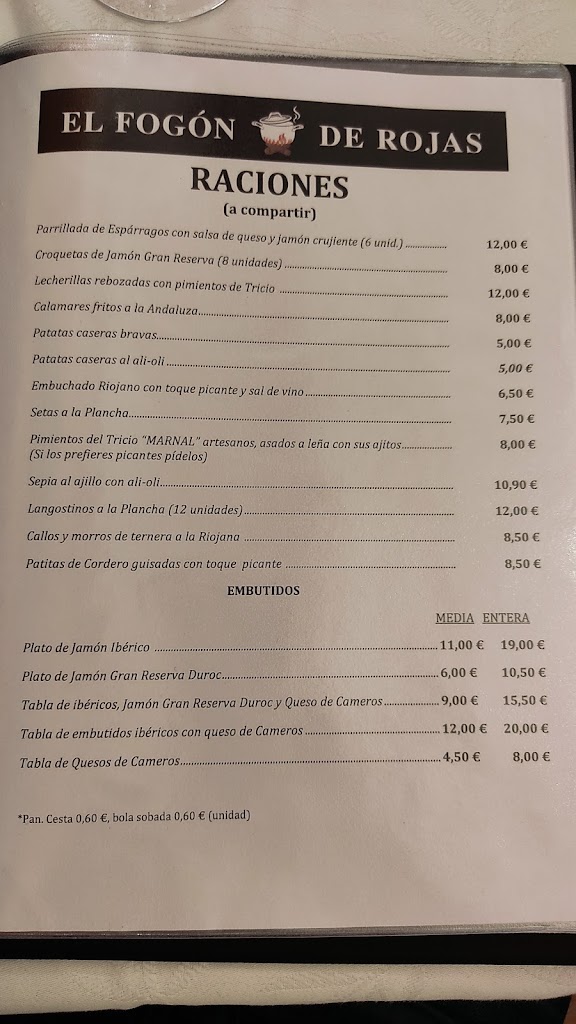 Bar restaurante Fogon Rojas — Carta