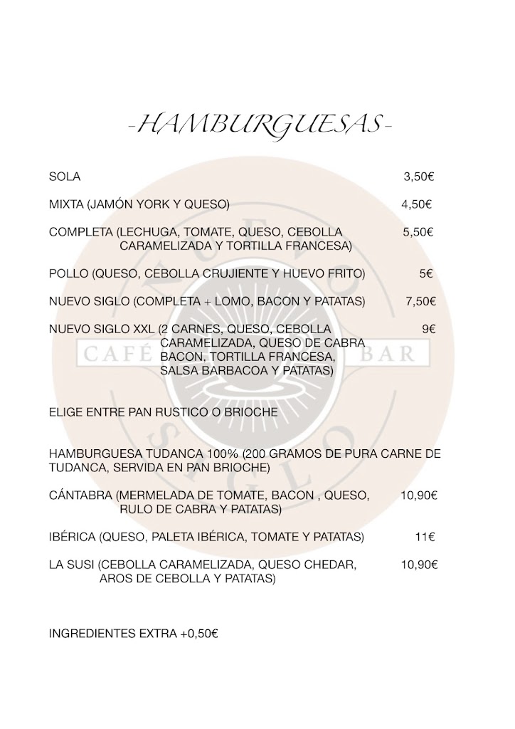 Bar Nuevo Siglo — Carta