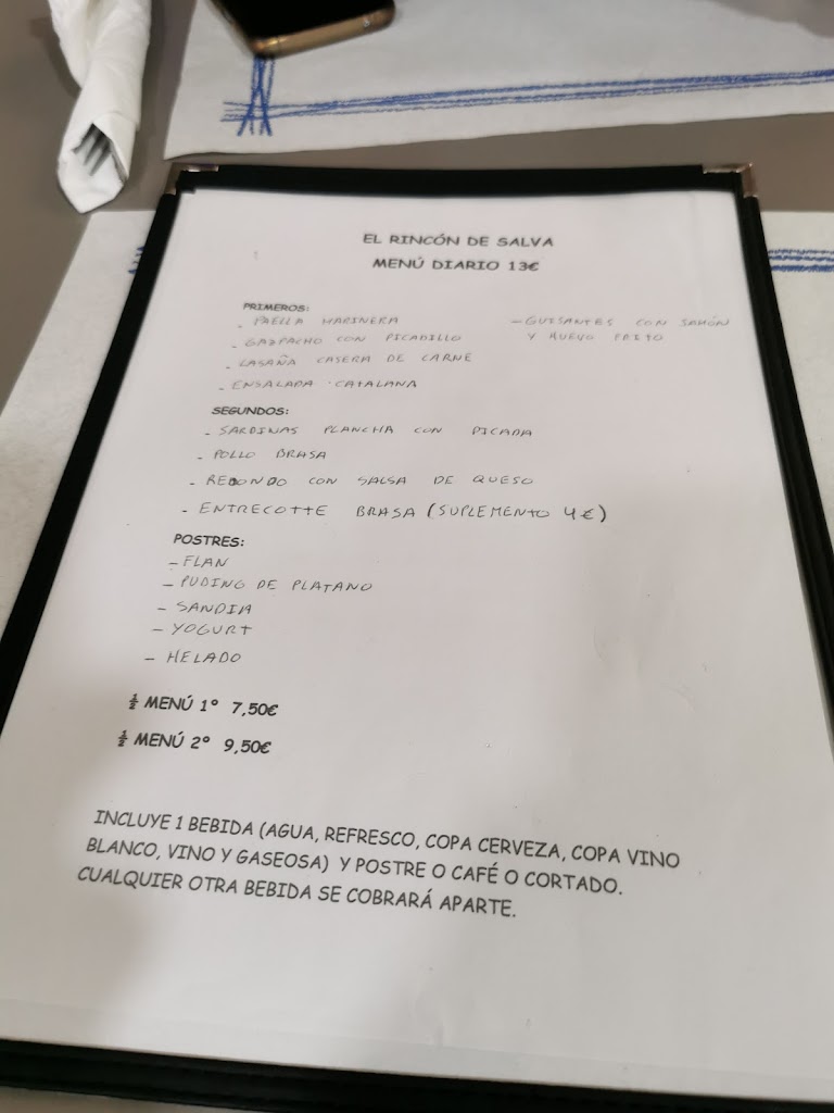 Bar restaurante El Rincon de Salva — Carta
