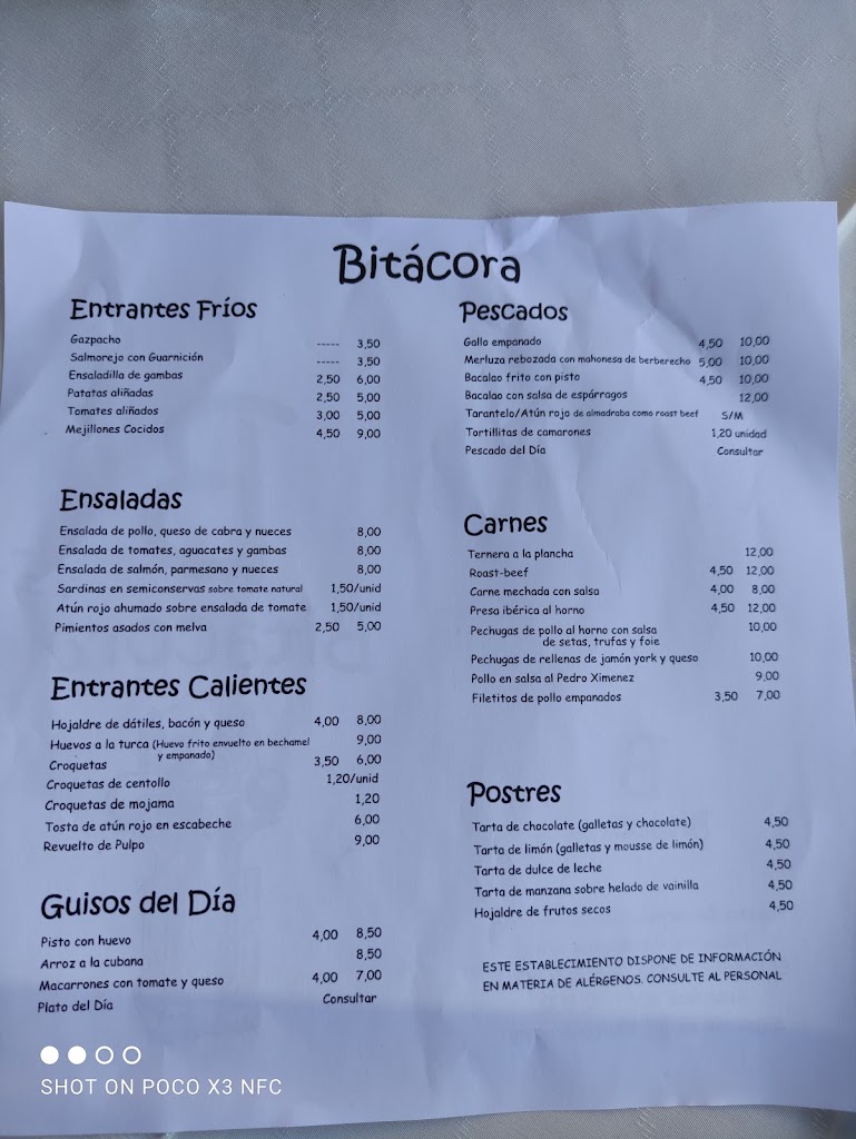 Bar Restaurante BITACORA Puerto Sherry — Carta