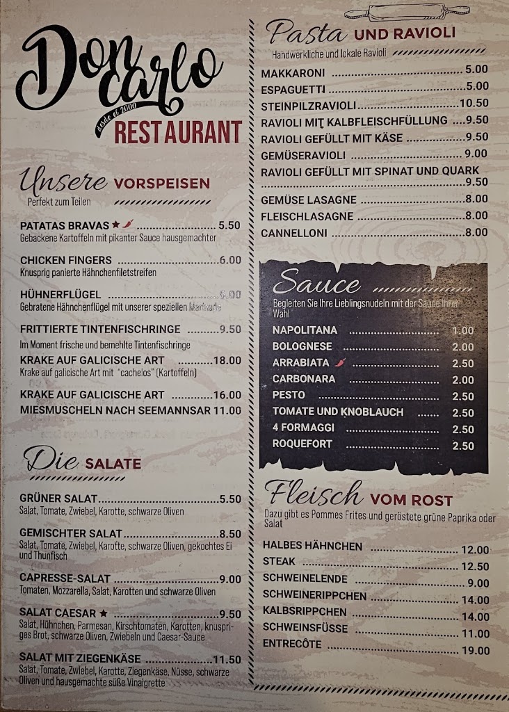 Restaurante Pizzeria Don Carlo — Carta