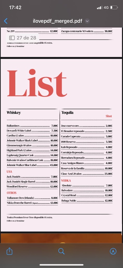 Ironia bar — Carta