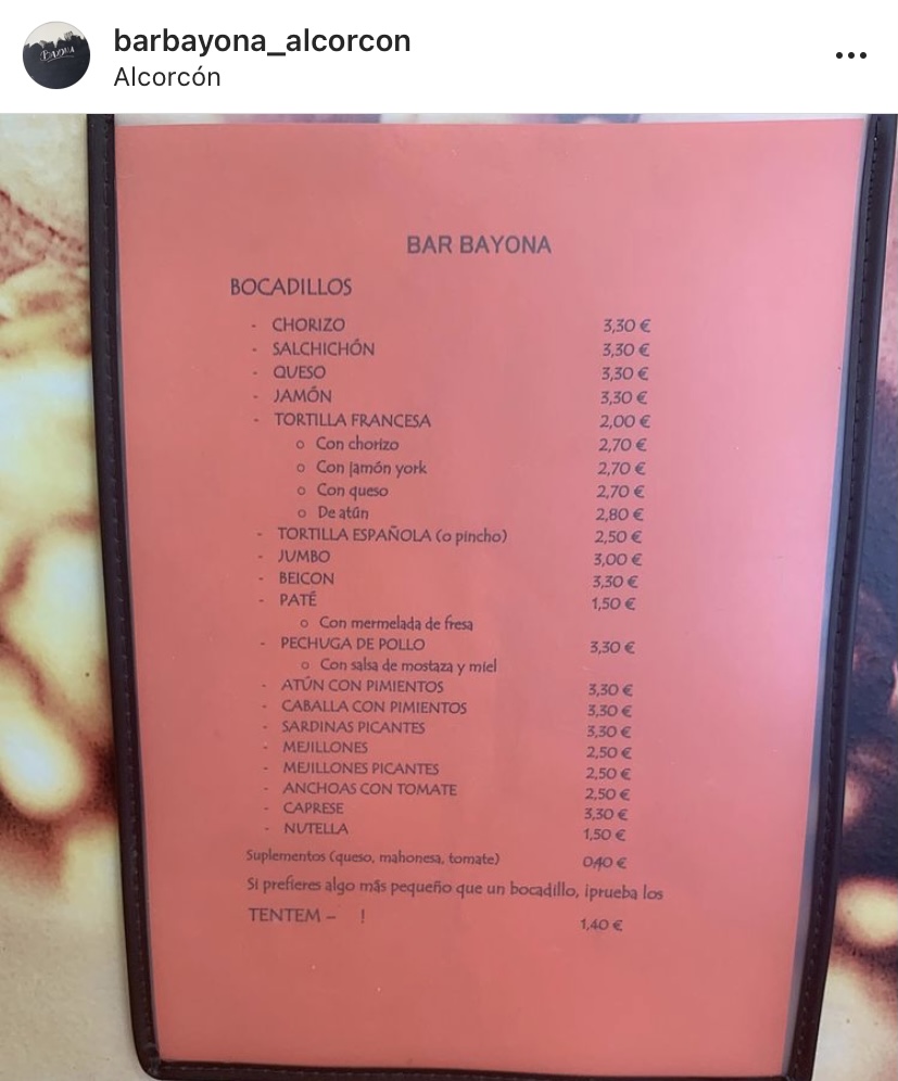 Bayona Bar — Carta