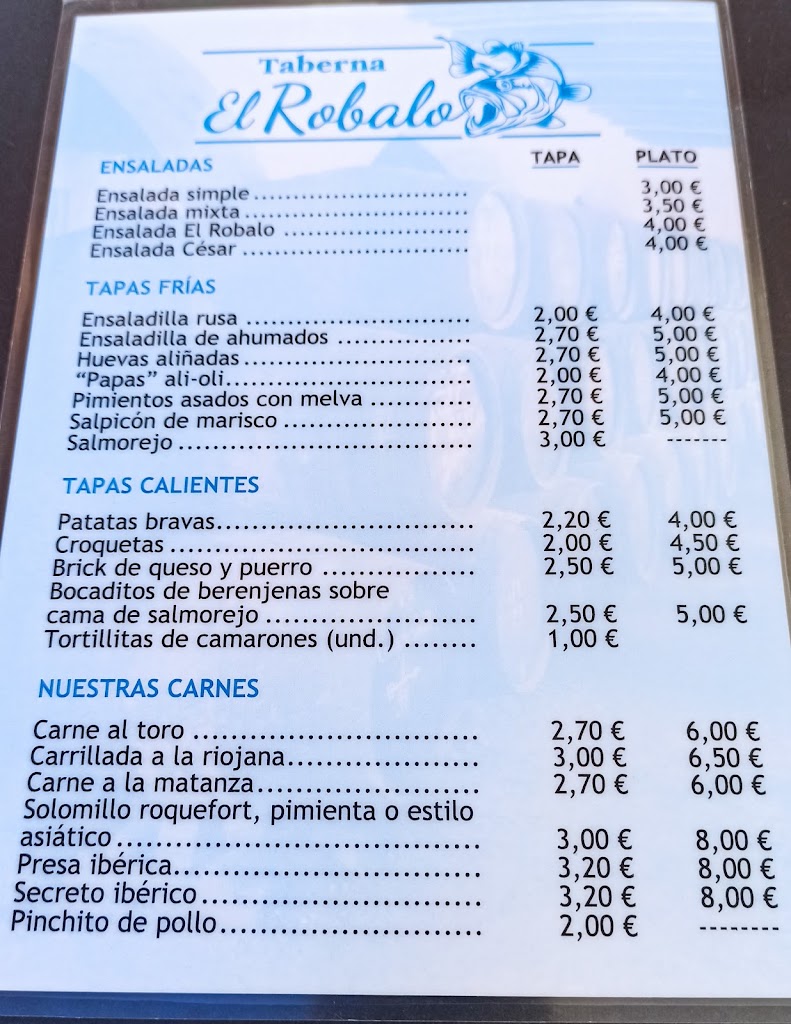 Bar restaurante El Robalo — Carta