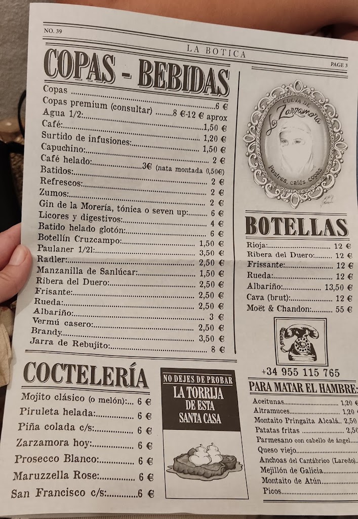 Cafeteria Cueva de la Zarzamora — Carta