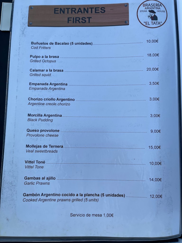 Braseria Argentina El Tata — Carta
