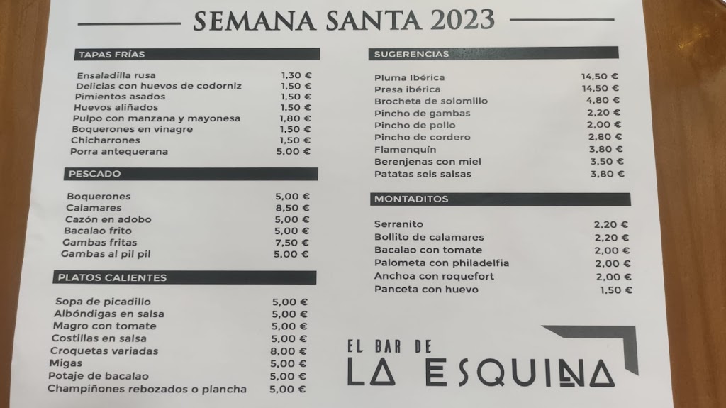 El bar de la esquina — Carta