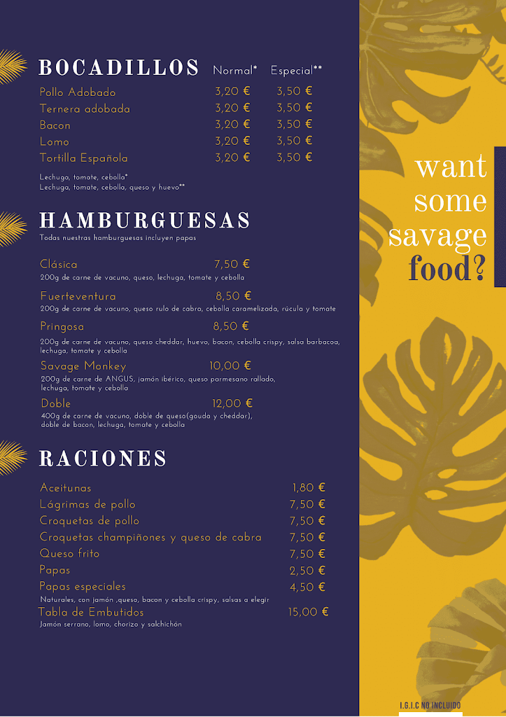 Savage Monkey Fuerteventura — Carta