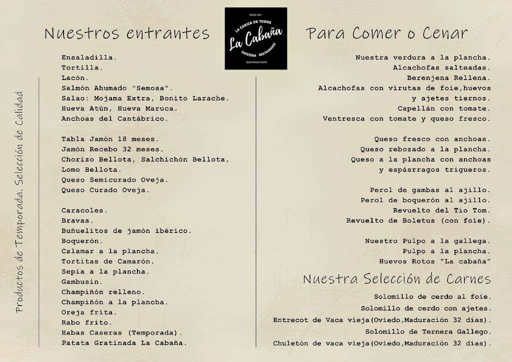 Restaurante La Cabana del tio Tom — Carta