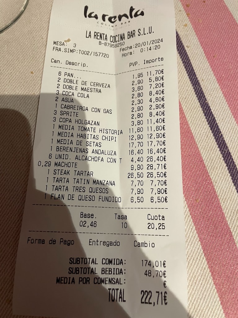 Restaurante La Renta — Carta