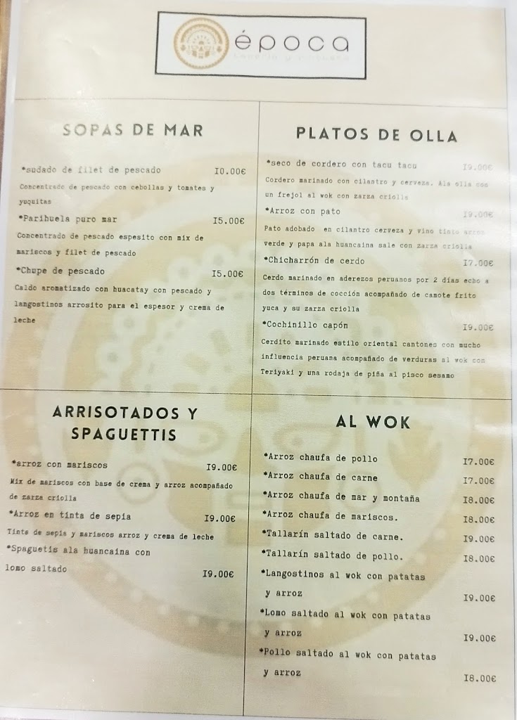 Epoca Restaurante Peruano | Fusion peruana-gallega — Carta