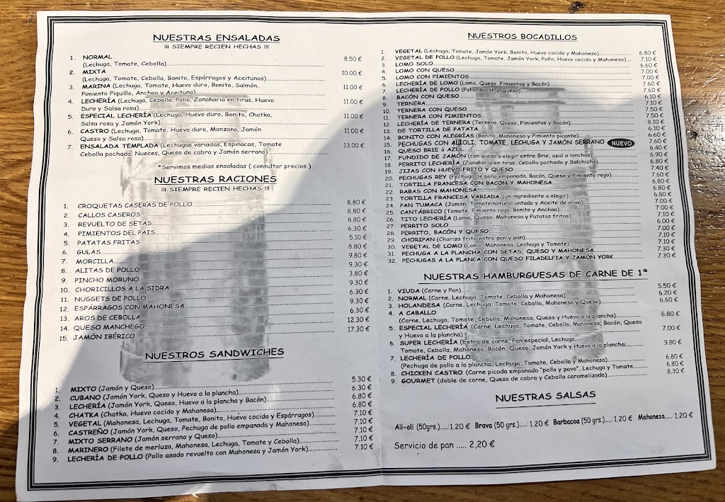 Restaurante La lecheria de castro — Carta