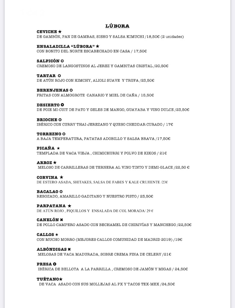Restaurante Lubora — Carta