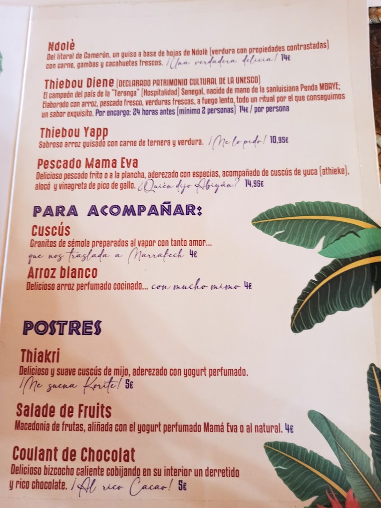 El Rincon de Mama Eva — Carta
