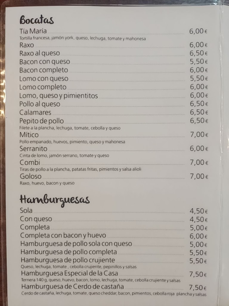 Bocateria Tia Maria — Carta