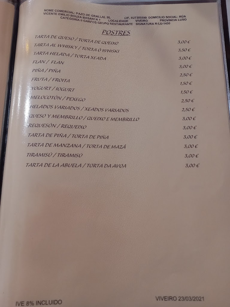 Restaurante Pazo Grallal — Carta