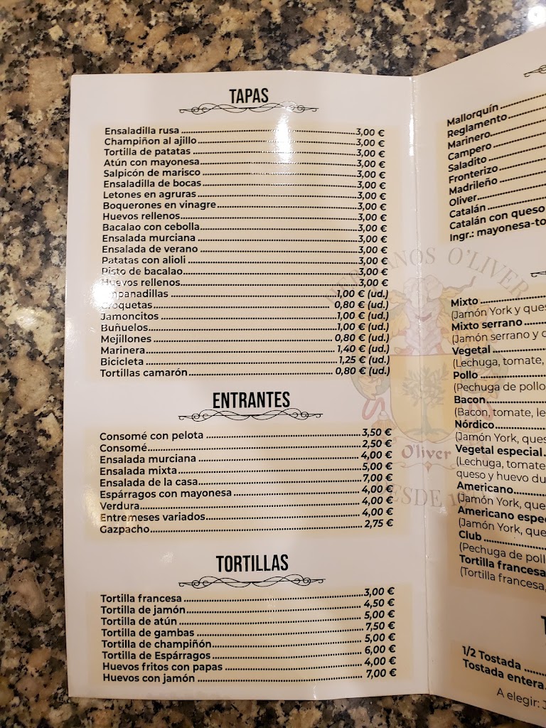 Cafeteria Oliver — Carta
