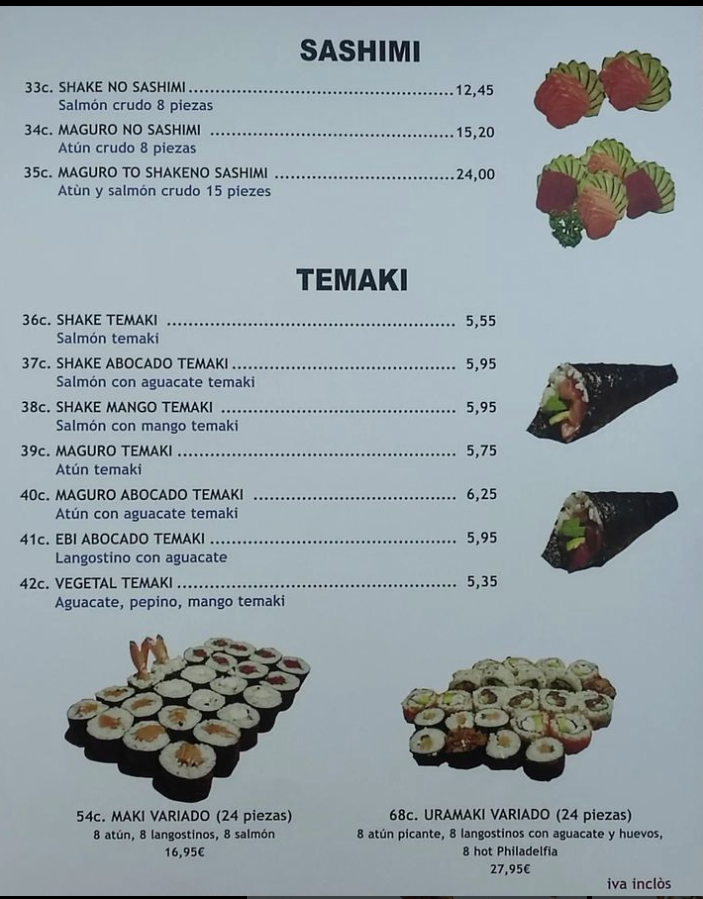 Restaurante Asiatico Ta Mi — Carta