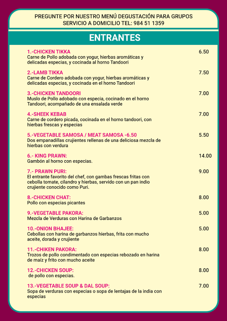 Restaurante Nueva Delhi — Carta