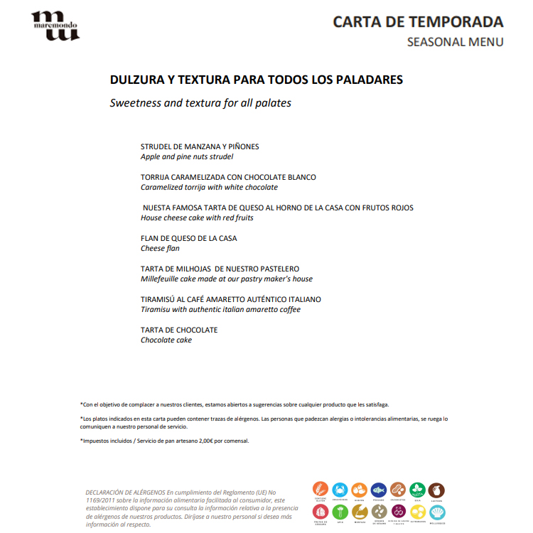 Restaurante Maremondo Santander — Carta