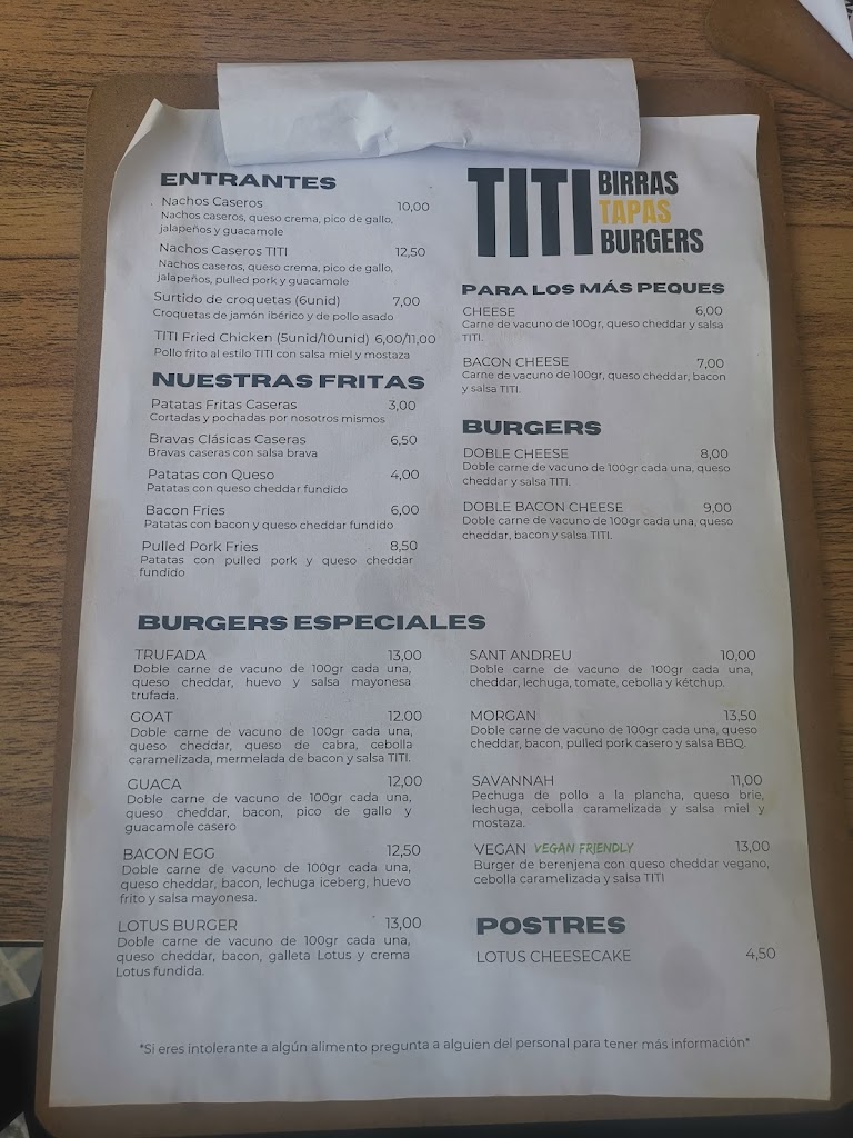 TITI Burger Bar — Carta