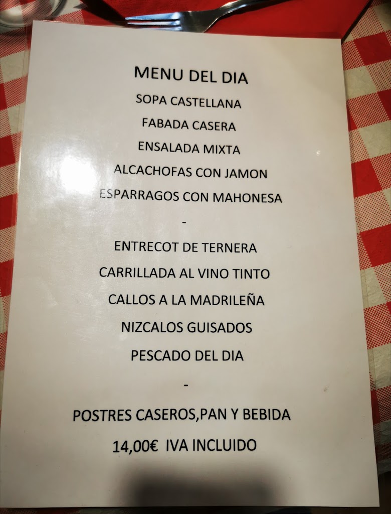Bar Restaurante El Llano — Carta