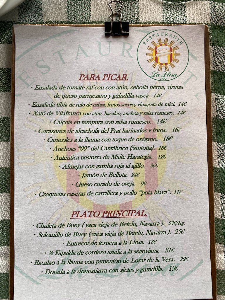 Restaurante La Llosa — Carta