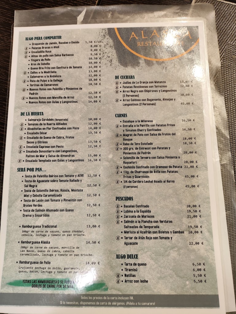 Restaurante Alaska — Carta