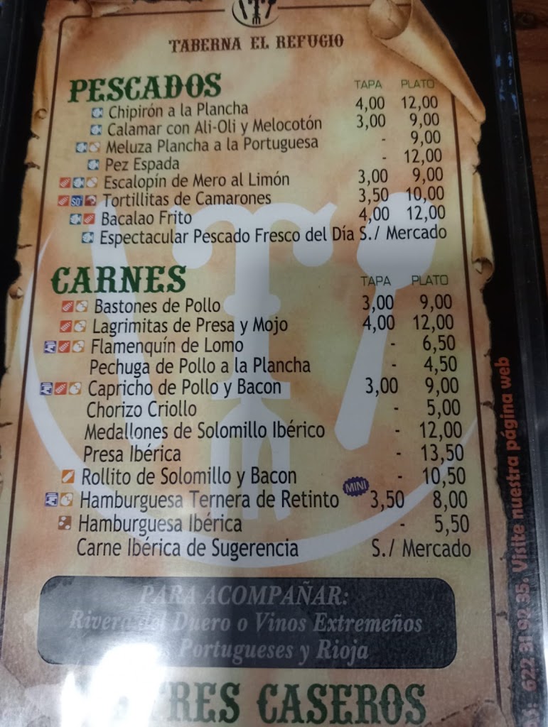 Taberna El Refugio — Carta