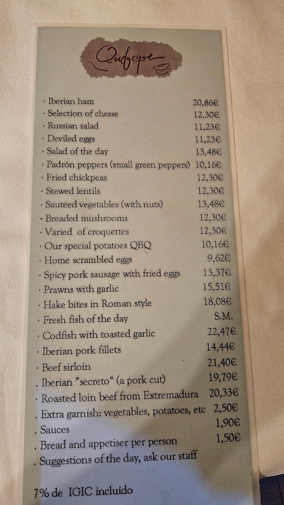 Restaurante Quebeque — Carta