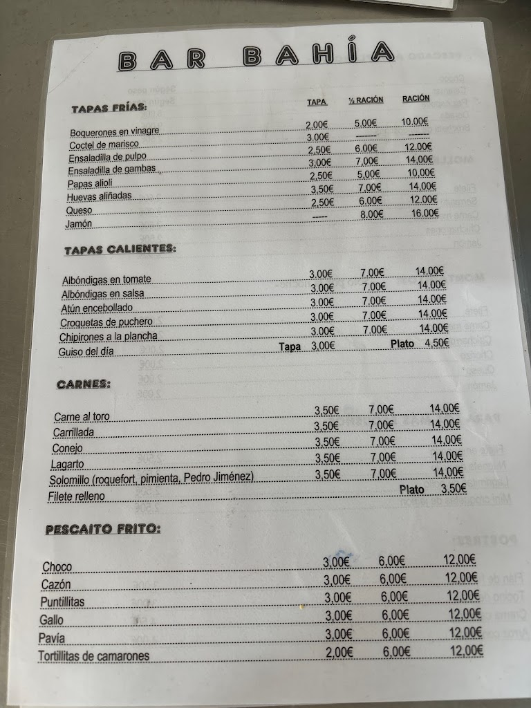 Bar Bahia — Carta