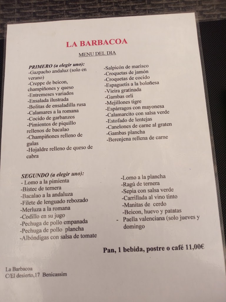 Cafe restaurante La Barbacoa — Carta