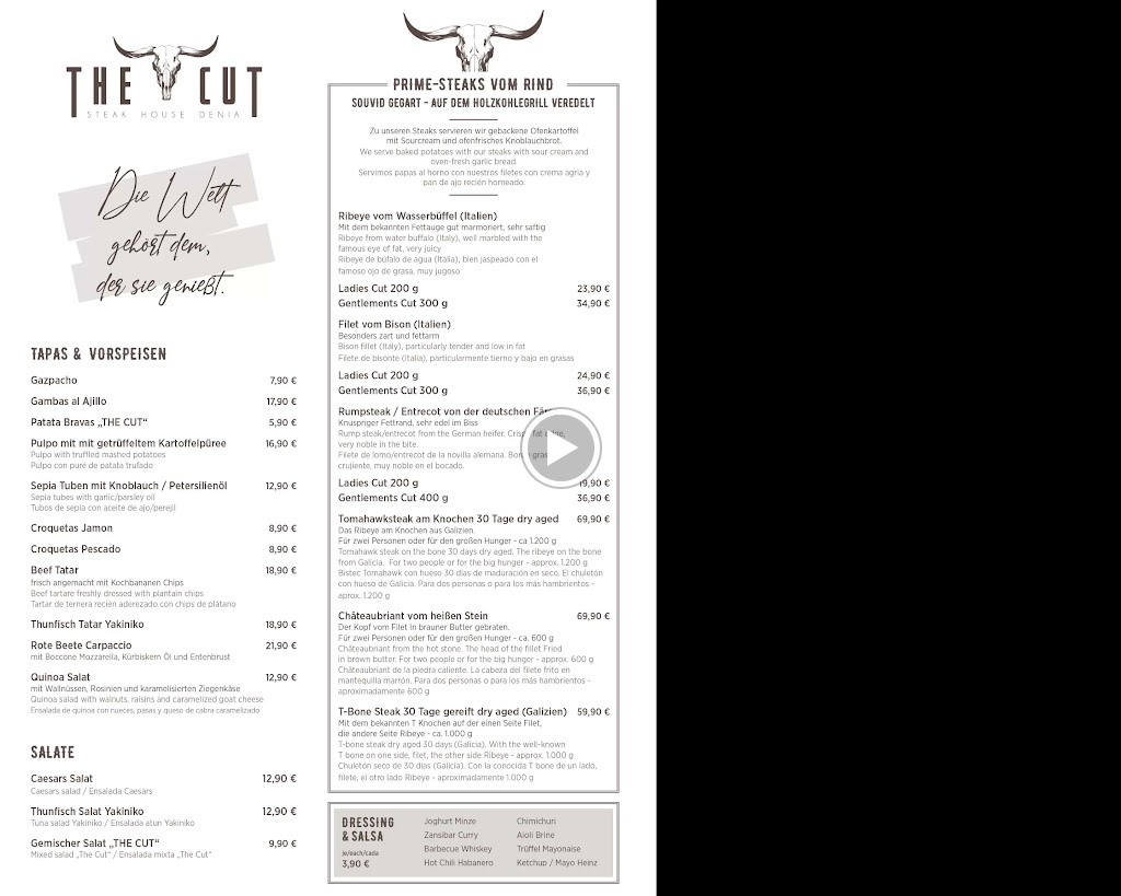 The Cut Steakhouse Denia — Carta