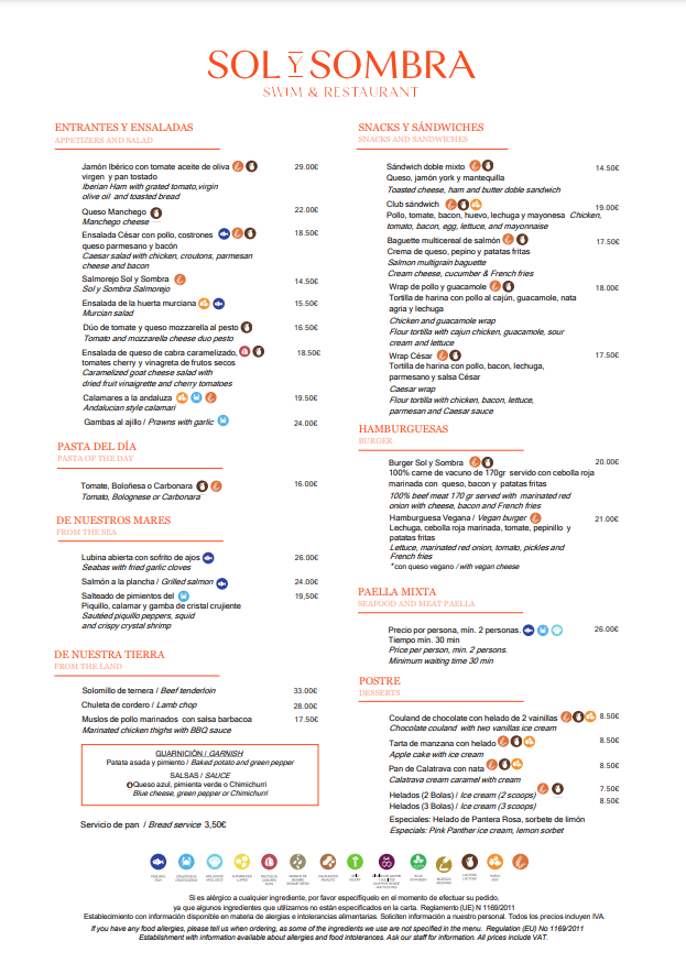 Restaurante Sol y Sombra — Carta