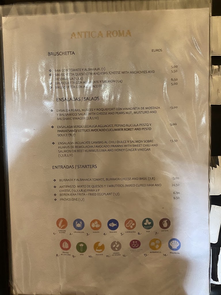 Pizzeria Antica Roma 95 S.L. — Carta