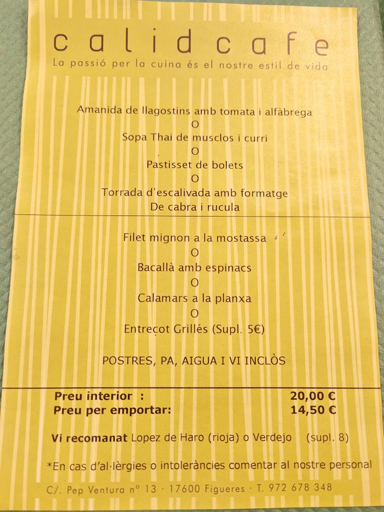 Calid Cafe — Carta