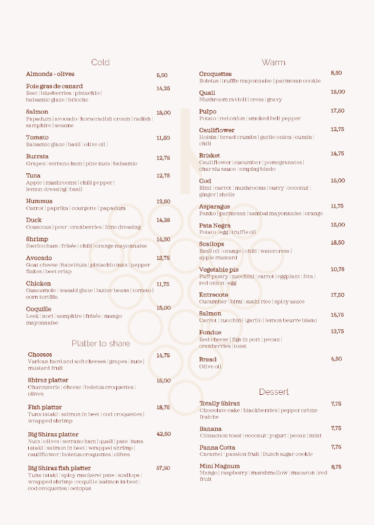 SHIRAZ Wine & Gastrobar — Carta